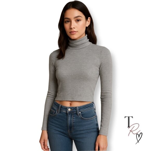 Sunday Best Tops - Sunday Best Ribbed Modal Turtleneck Long Sleeve Casual Top in Gray Size XS